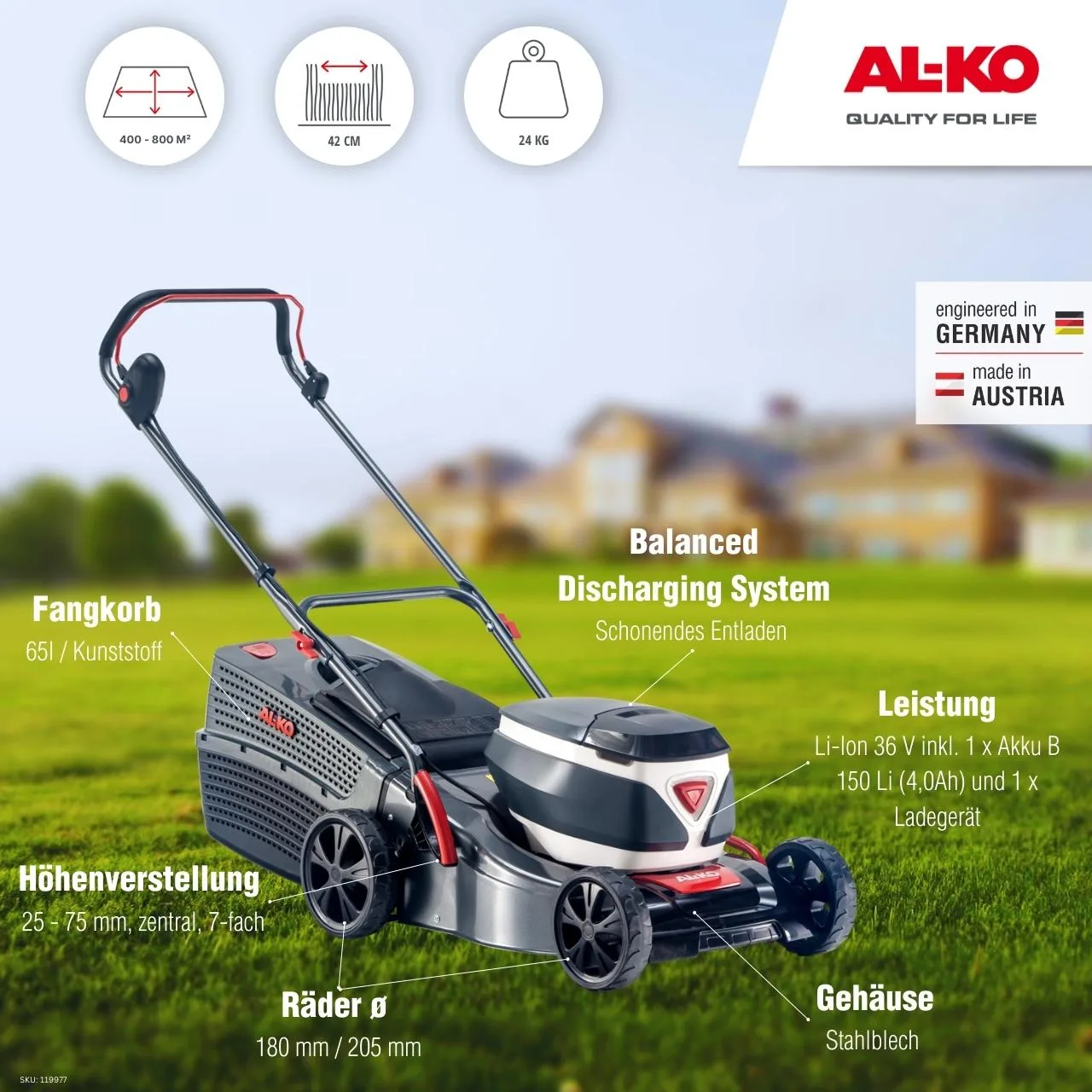 Akumulátorová travní sekačka AL-KO 42.2 Li Comfort 36V SET